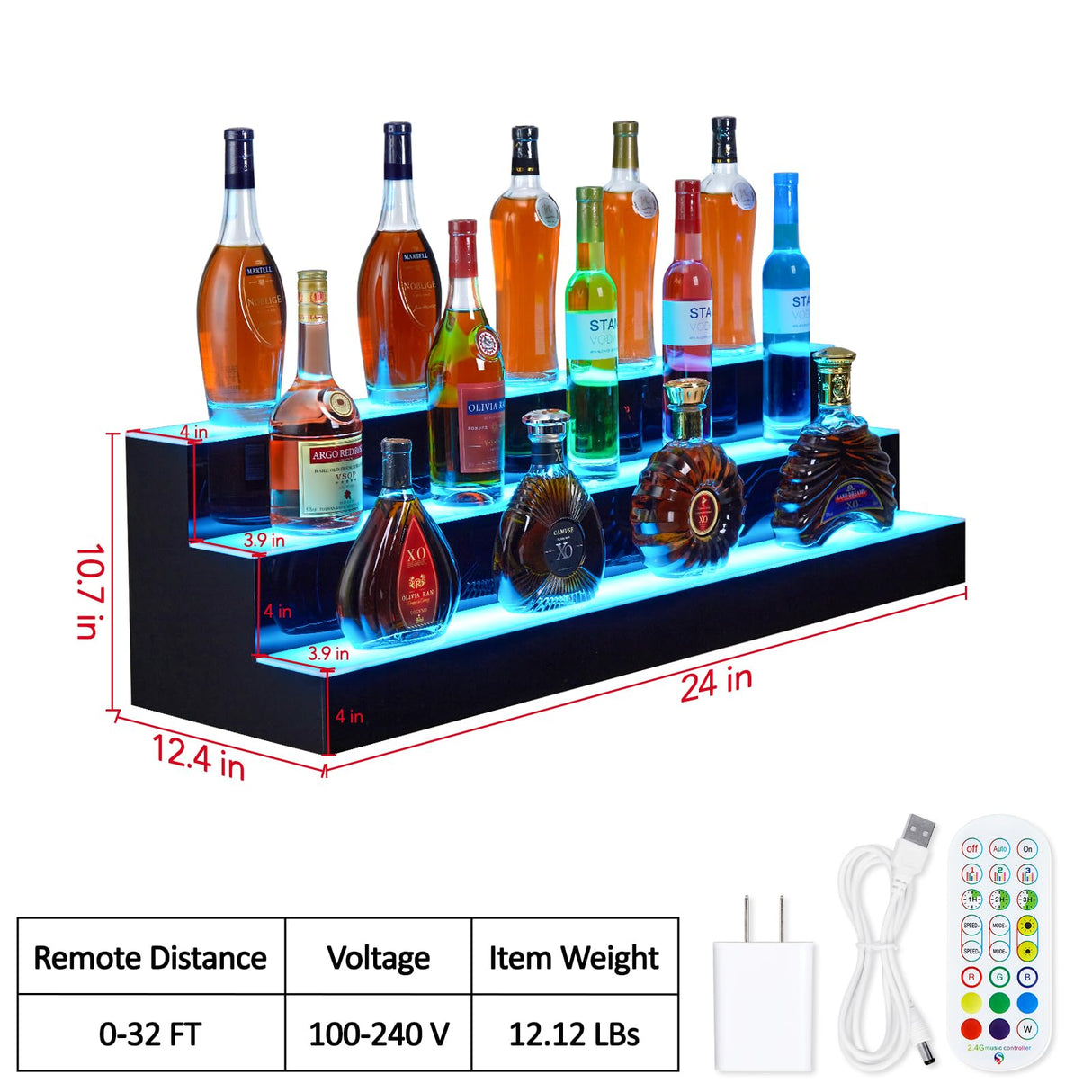 Tioutbot LED Lighted Liquor Bottle Display Shelf 3 Steps 24 Inches Acrylic Drink Shelves Multicolor Lighting Bar Shelves for Liquor Bottle Alcohol Display Shelf Stand Tioutbot