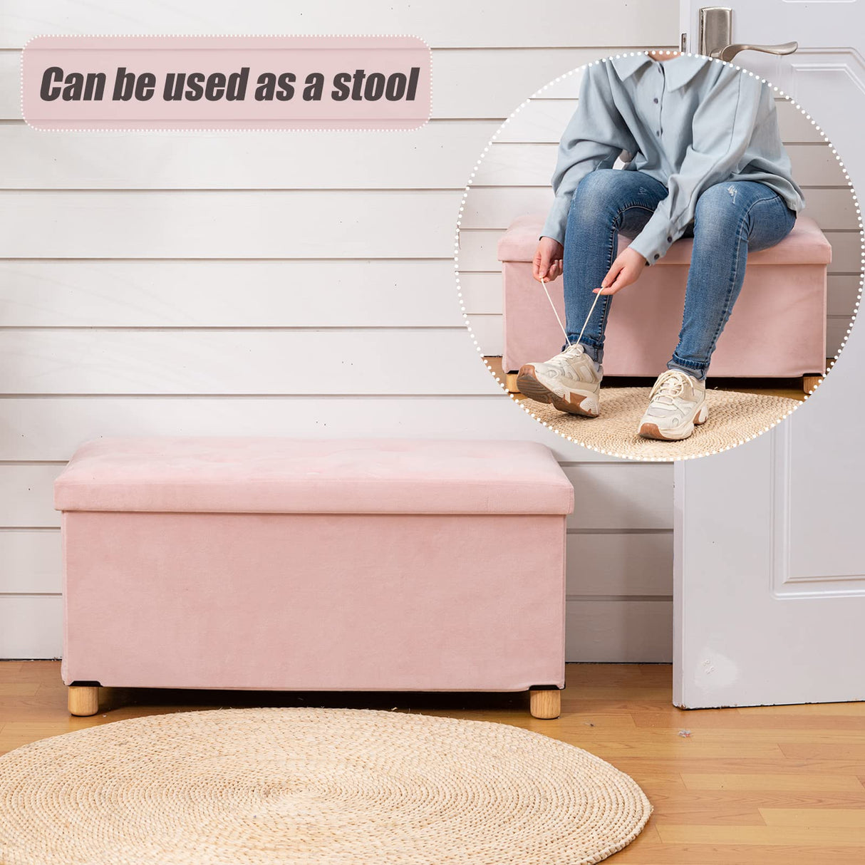 BRIAN & DANY 30 Inches Folding Storage Ottoman Bench, Ottoman with Storage for Living Room, with Wooden Feet and Lid, Pink BRIAN & DANY