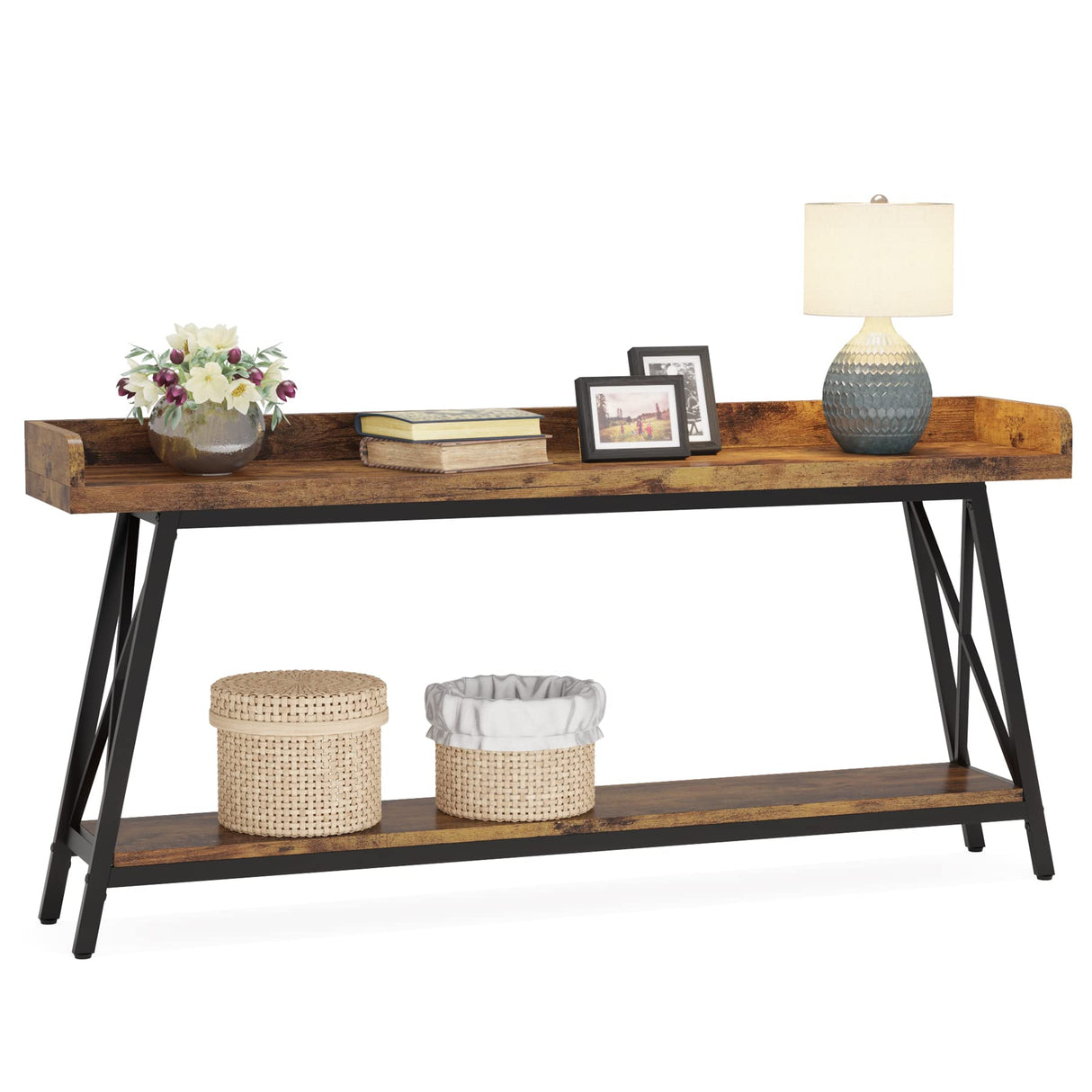 LITTLE TREE 70.9 Inch Retro Brown Console Table - Narrow Entryway & Behind Couch Accent Table LITTLE TREE