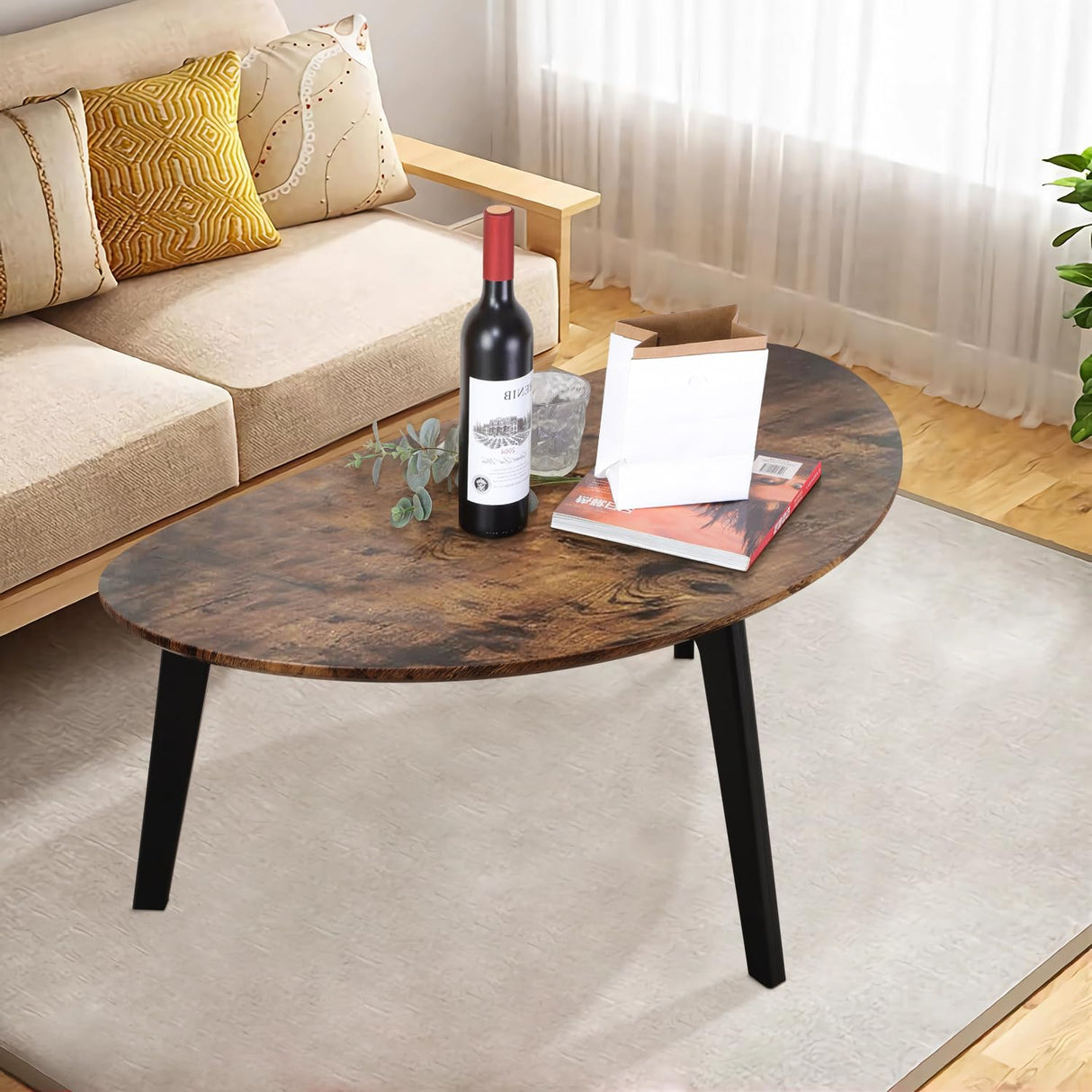 Large Oval Coffee Table Espresso Wood Mid Century Modern Unique Retro Farmhouse - Contemporary Triangle Small Table for Living Room, Bedroom Bedside Table and Office 19" D x 34" W x 16" H WDSHIYI