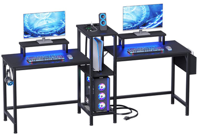 Furologee 2 Person Gaming Desk with LED Lights, 71 Inch Computer Desk with Power Outlets and Monitor Stand, Double Desk with Storage Bag and Headphone Hooks, Study Writing Table for Home Office, Black