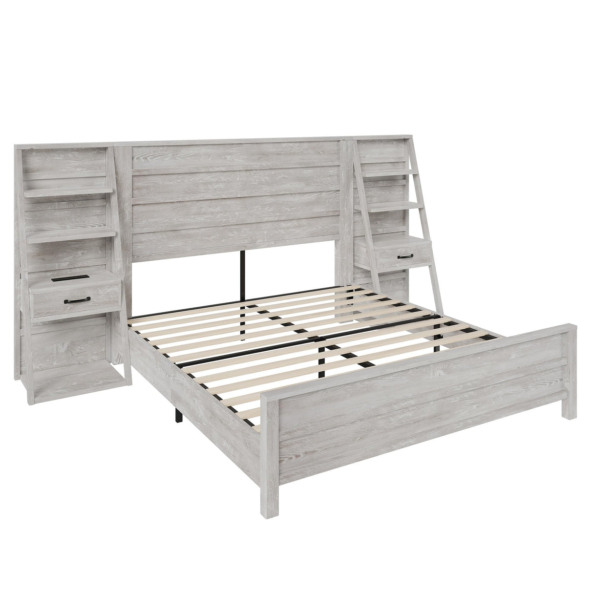 AMERLIFE Queen Bed Frame with 98" W Headboard and 4-Tier Bookshelves, Farmhouse Platform Bed with Charging Station & 2 Drawers, Noise-Free, No Box Spring Needed, Rustic White AMERLIFE