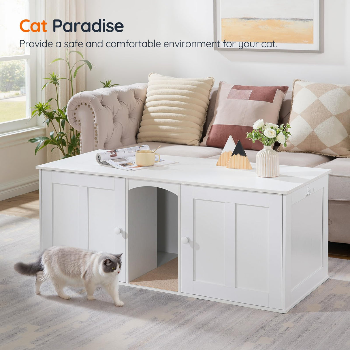 HOOBRO Litter Box Enclosure with Double Room, Cat Furniture for 2 Cats, Hidden Litter Box Furniture with 2 Hooks, Wooden Cat Washroom with Scratching Mat, White WT21MW01 HOOBRO