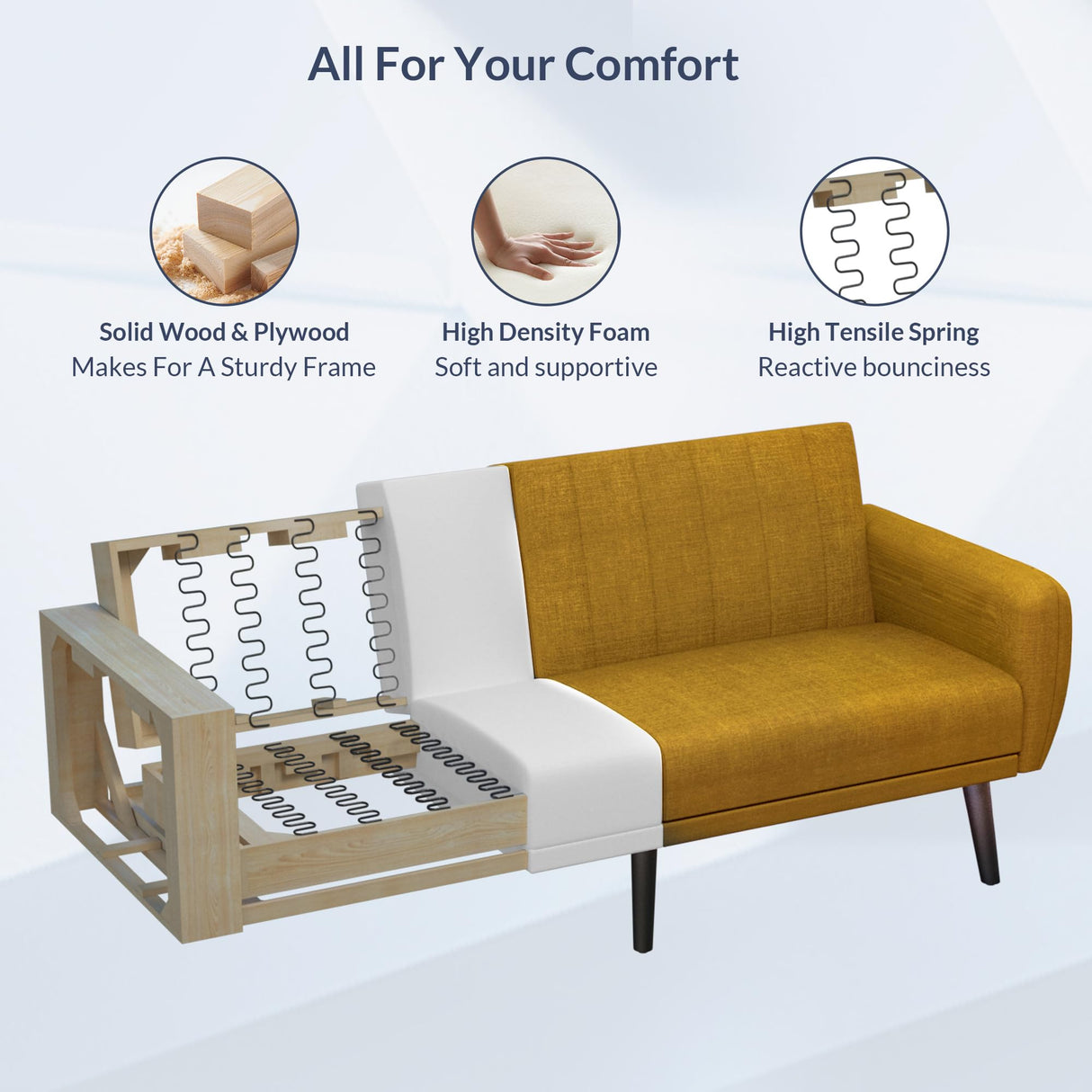 BELLEZE Adjustable Folding Sofa Bed, Upholstered Modern Convertible Futon, Sleeper Sofa for Living Room, Guest Room, Garage - Melrose (Yellow) BELLEZE