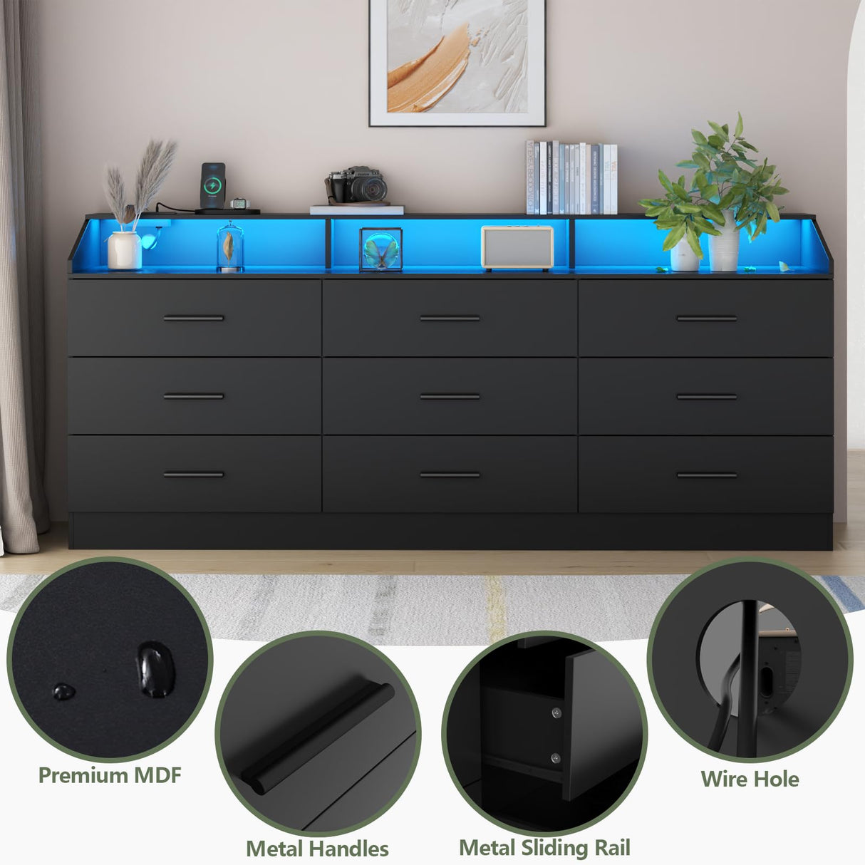 Gyfimoie 9 Drawers Dresser with Power Outlet, Black Dresser for Bedroom, Chest of Drawers with LED Light, Modern Dresser with Open Storage Cubby, Triple Wide Dresser Organizer for Living Room Gyfimoie