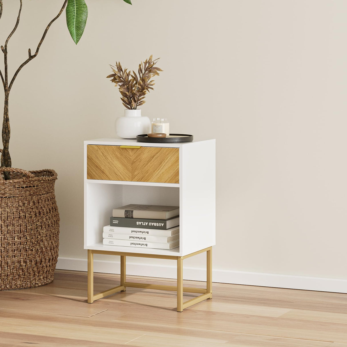 Masupu Nightstand,Modern Night Stand Boho Farmhouse Wood Bedside Table with Storage Drawer Side End Table for Bedroom,Living Room,Office,White Masupu