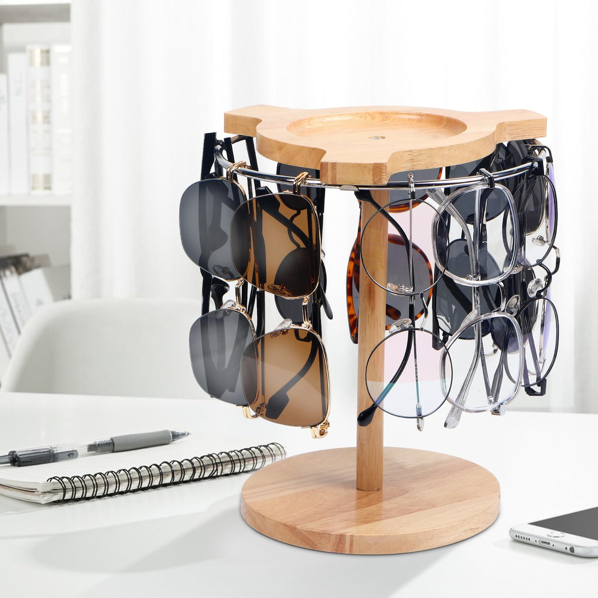Sunglasses Organizer Glasses Holder Stand with 360 Rotating Display Eyeglasses Rack Wood Base for up to 12 Pairs of Eyewear for Table Dresser Desk DTUQYX