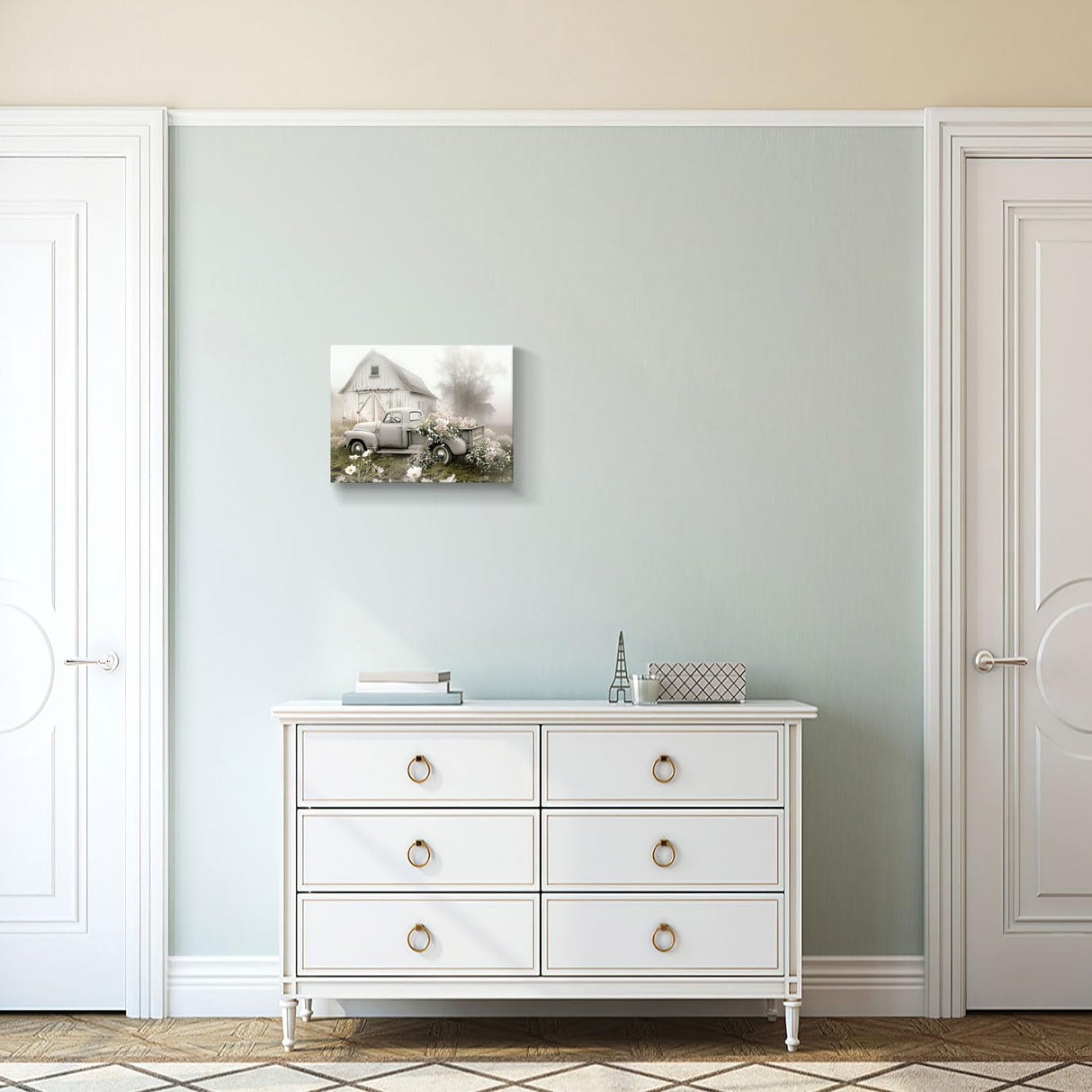 gaosoul Rustic Farmhouse Barn Canvas Wall Art Framed Misty Countryside Field Landscape Painting Rusty Old Truck Loaded With Flowers Picture Prints for Bedroom Living Room Office Decor 16x12in gaosoul