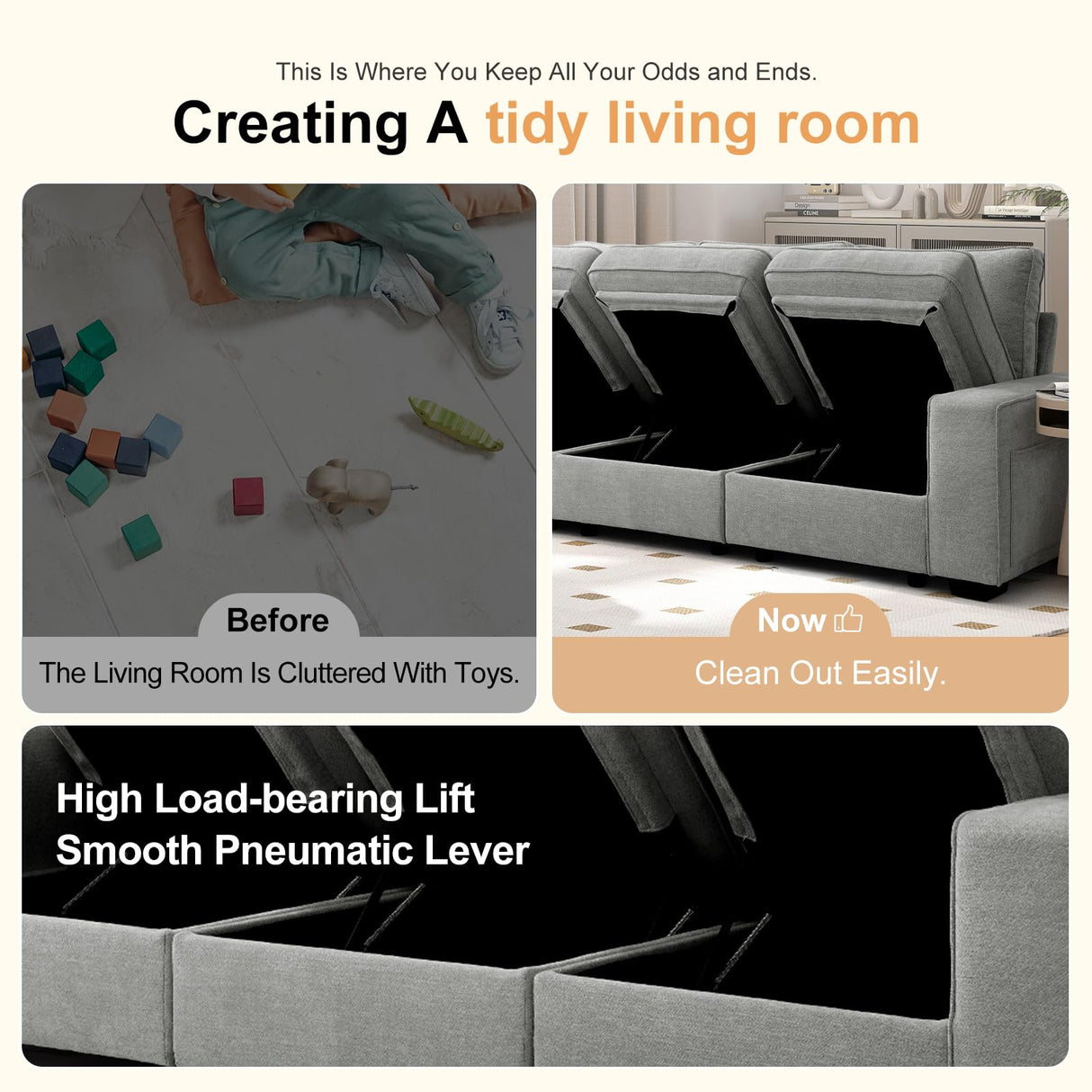 COOSLEEP 100" Sofa with Seats Storage, Comfy 3-Seater Chenille Fabric Couch for Living Room, Office, Apart W/Deep Seat, USB Charging, Upholstered Couch with Removable Cover (Light Grey) COOSLEEP HOME