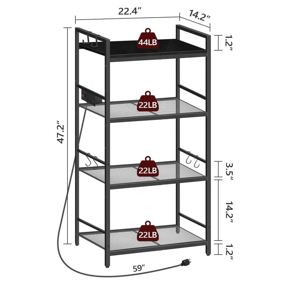 MAHANCRIS Bakers Rack with Power Outlet, Microwave Stand with Hooks, Multifunctional Storage Rack, Coffee Bar with Enclosure, Kitchen Storage Shelf, for Kitchen, Dining Room, Black BRHB40E01 MAHANCRIS