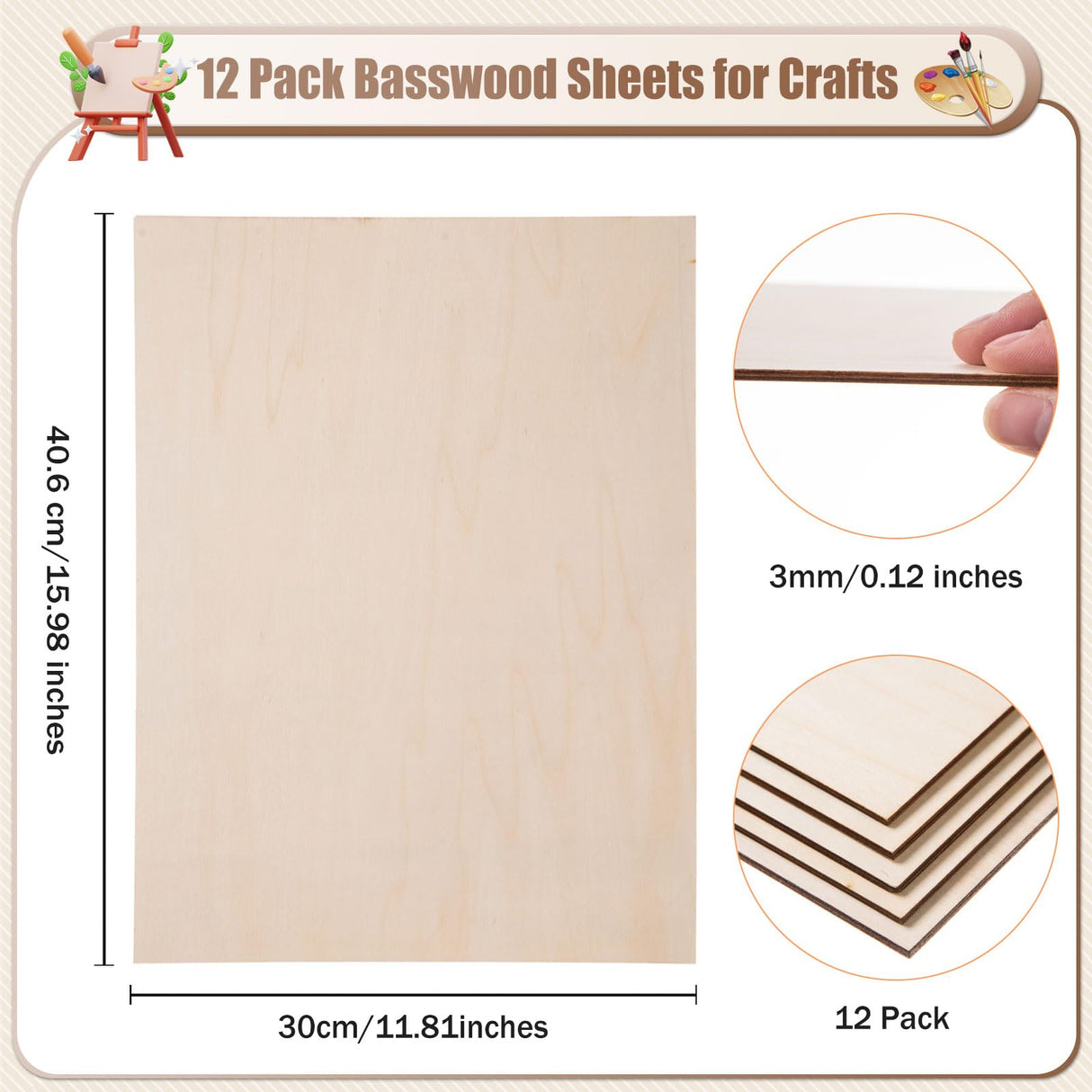 MoDooris 12 Pcs Basswood Sheets for Crafts, 12 x 16 x 1/8 Inch Plywood Sheets 3mm Thick Unfinished Wood Board for DIY Crafts, Laser Cutting, Wood Burning, Pyrography, Architectural Models, Drawing MoDooris