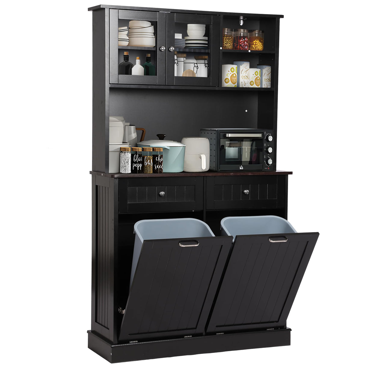 LOUVIXA Kitchen Pantry Storage Cabinet, Microwave Cabinet with Tilt Out Trash Cabinet,Tall Pantry Cabinet Cupboard, Freestanding Kitchen Hutch (Classic Black) LOUVIXA