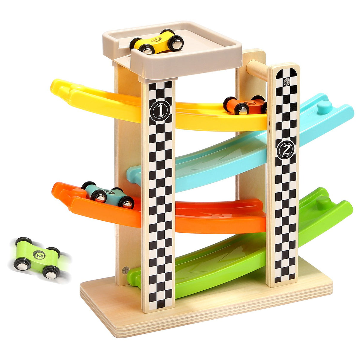 Toddler Toys for 1 2 Year Old Boy and Girl Gifts Wooden Race Track Car Ramp Racer with 4 Mini Car TOP BRIGHT