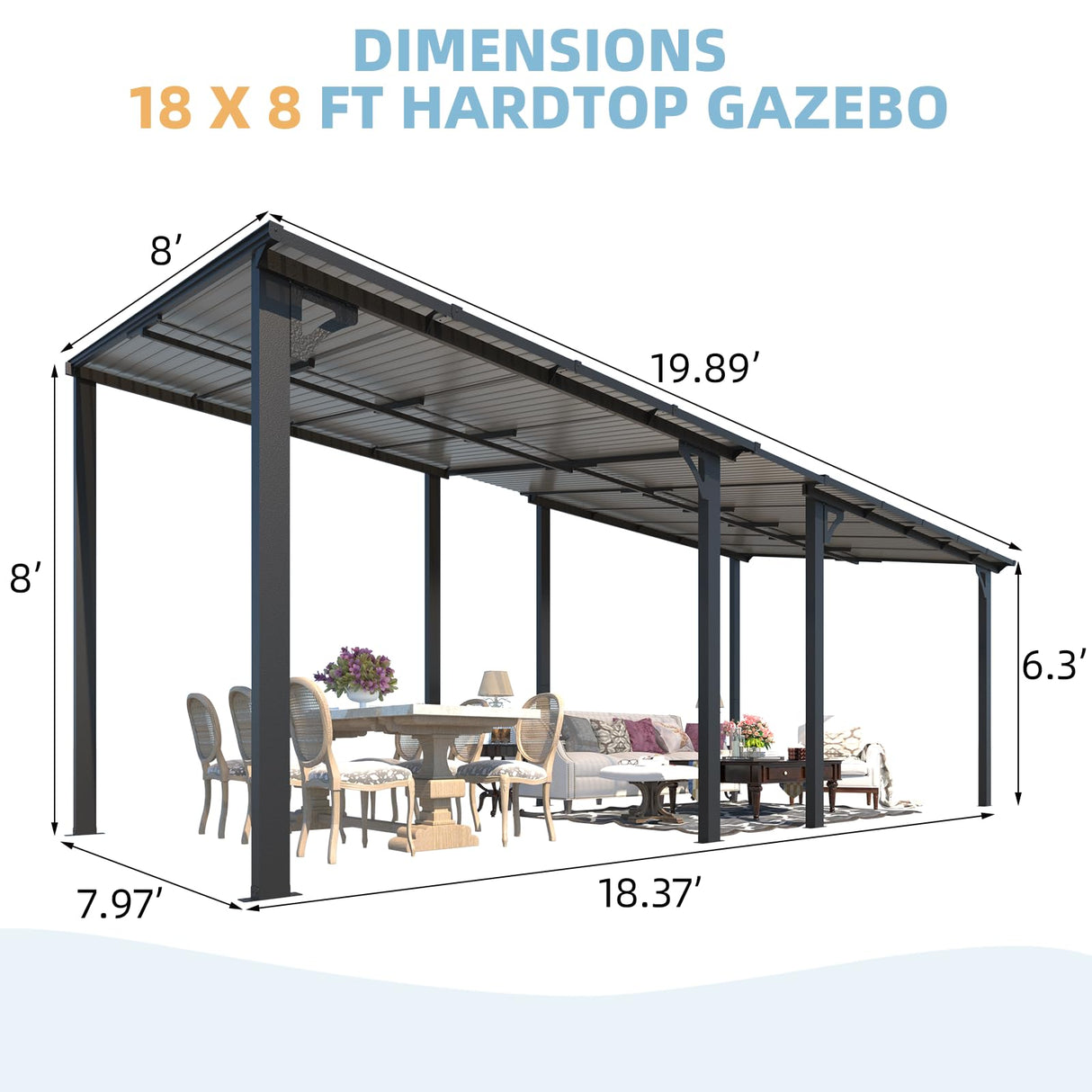 AECOJOY 18' x 8' Gazebo for Patio, Large Wall-Mounted Hard Top Lean-to Gazebo Pergola with Roof 8' x 18' on Clearance, Heavy Duty Patio Awnings for Decks, Backyard AECOJOY