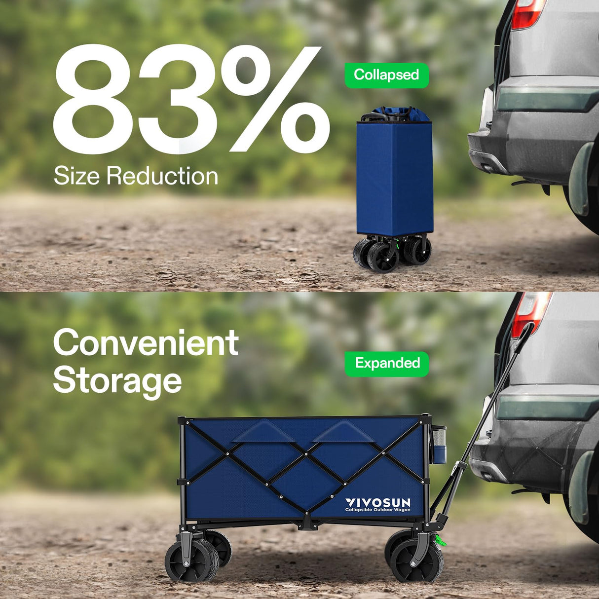 VIVOSUN Collapsible Folding Wagon, Outdoor Utility with Silent All-Terrain Beach Wheels, Adjustable Handle, Cup Holders & Side Pockets, for Camping, Beach, Shopping, Garden, Sports, Picnic, Blue VIVOSUN