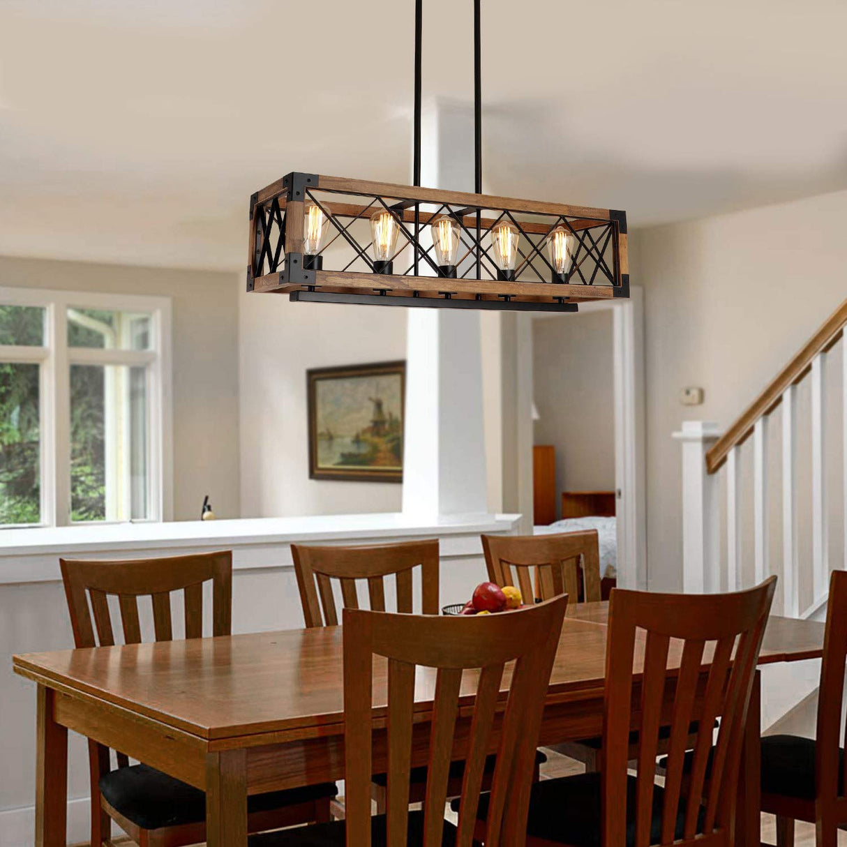 Giluta Rectangle Wood Chandelier Farmhouse Style Dining Room Kitchen Lighting Fixtures, 5 Lights Ceiling Hanging Pendant Lighting UL Listed Giluta