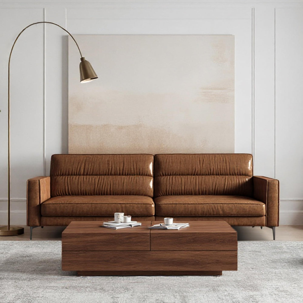 Mid-Century 3-Seater Leather Sofa with Removable Backrest and Cushions, Vintage Modern Lounge Couch for Office, Apartment, Living Room, Bedroom, with Sturdy Metal Legs - 86.61 Inches, Brown NessCarsti