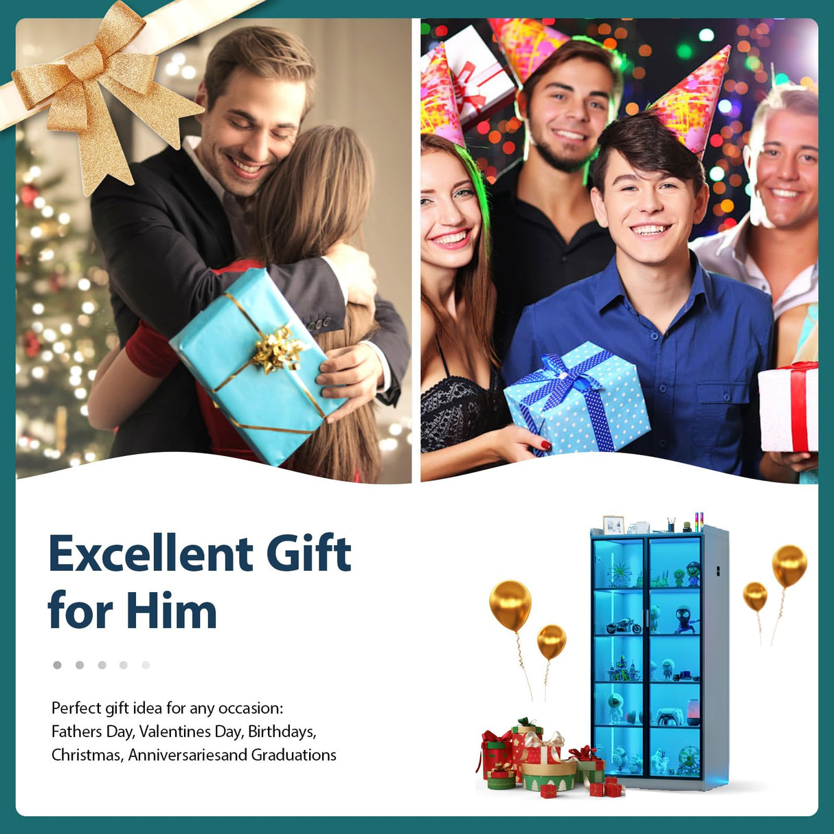 Lvifur 65" Display Cabinet with Lights, 5 Tier Curio Cabinets Bookcase with Adjustable Shelves, Tall Storage China-Cabinet with Human Body Induction for Living Room (Grey) Lvifur