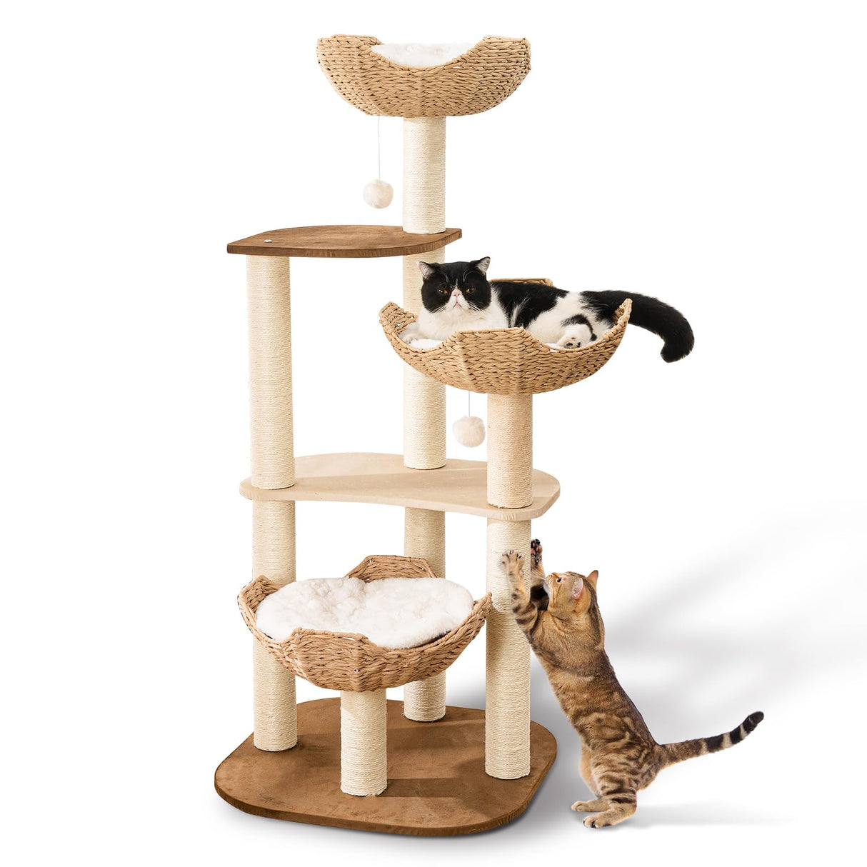 Big Modern Design Cat Tree Tower with White Cloud Mat, Unique Cat Supplies Tower with Scratching Post, Cute Wood Cat Tree Cat Furniture Activity Centre for Indoor Big Cats SHODMI