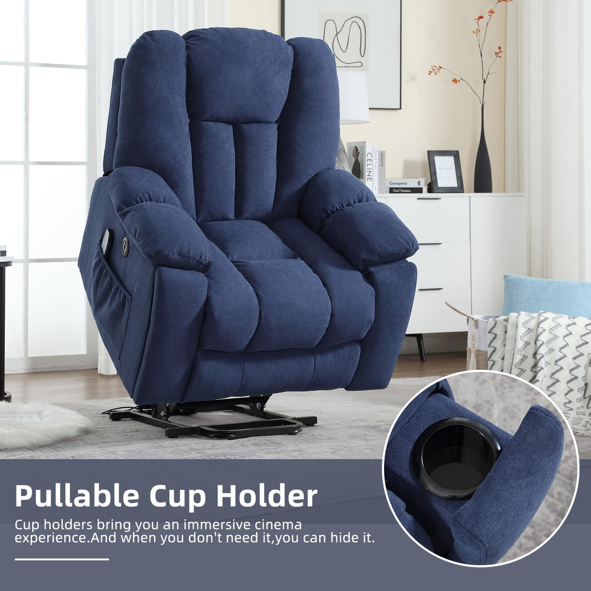 CANMOV Power Lift Recliner Chair with Massage and Heat for Elderly, Overstuffed Wide Recliners, Heavy Duty and Safety Motion Reclining Mechanism with USB Ports, 2 Concealed Cup Holders, Navy Blue CANMOV