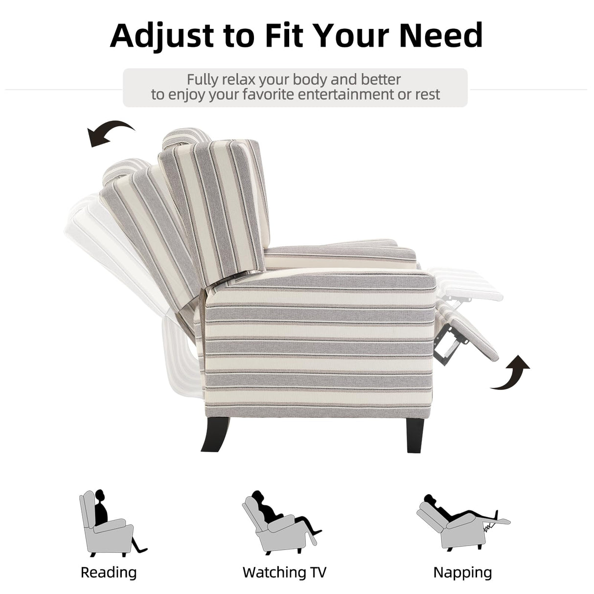 IOMOR Wingback Pushback Recliner Chair Fabric Lounge Armchair Push Back Single Sofa Chair with Padded Seat Solid Wood Legs for Living Room, Mid Century Modern Recliner (Grey Stripe) IOMOR