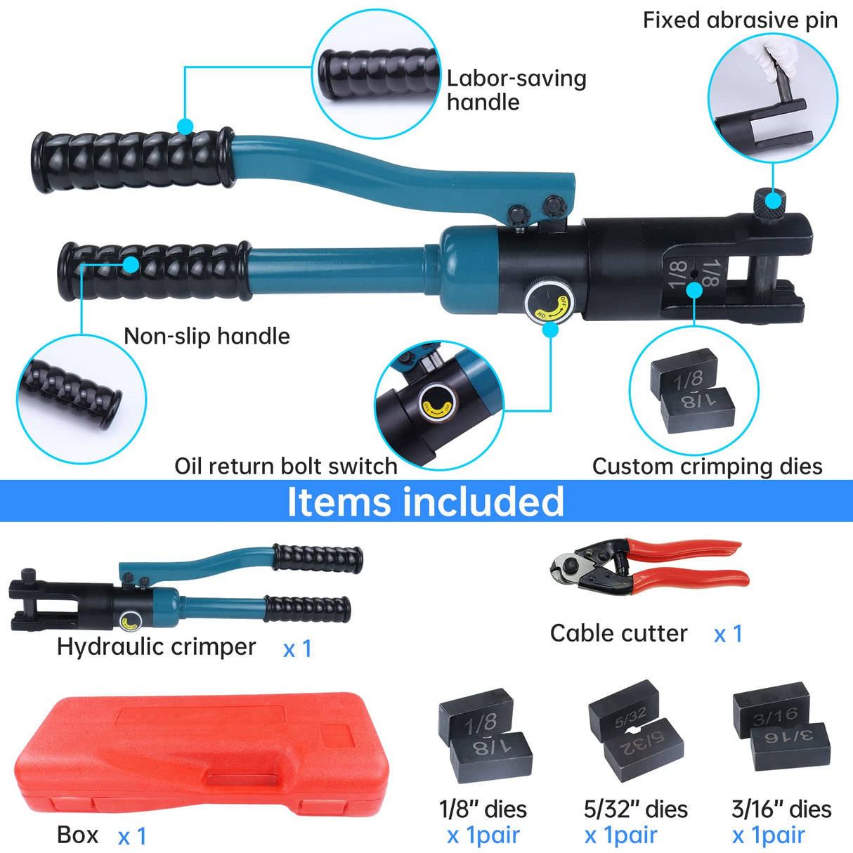 Muzata Upgraded Custom Cable Railing Crimping Tool Hydraulic Crimper Hydraulic Crimping Tool for 1/8" 5/32" 3/16" Stainless Steel Cable Railing Kit Wire Rope Swaging Kit with Wire Cutter CT01 Muzata