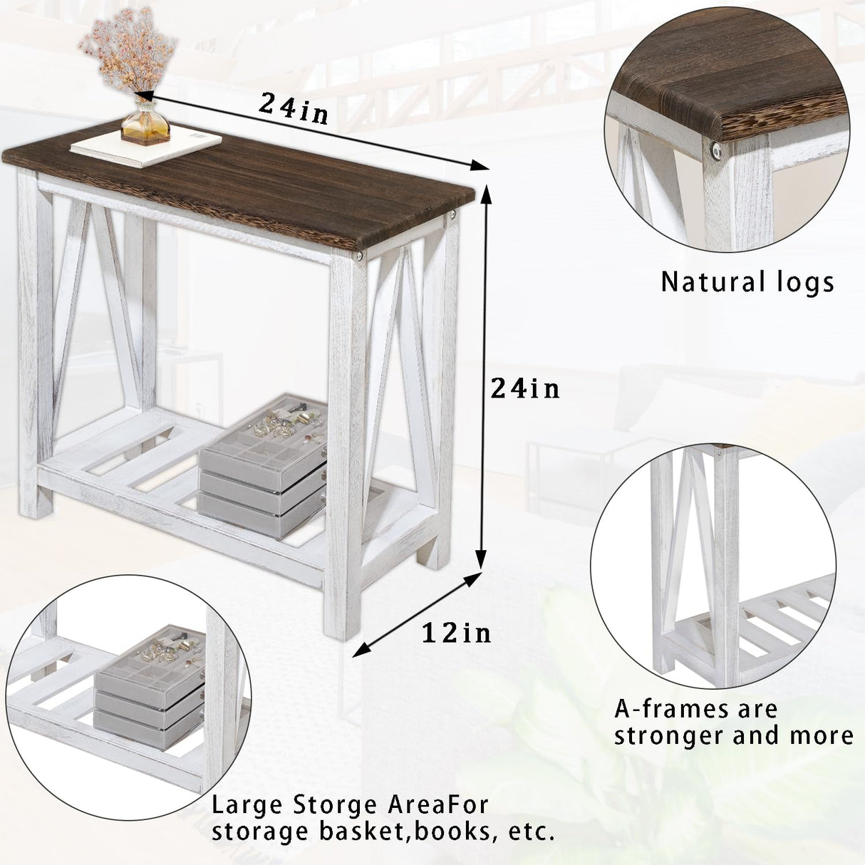 FEUFOAM Farmhouse End Table Narrow Side Table Living Room Slim End Tables with Storage Shelf 2 Tier Nightstand for Bedroom Hallway Dormitory, Rustic Brown and White FEUFOAM