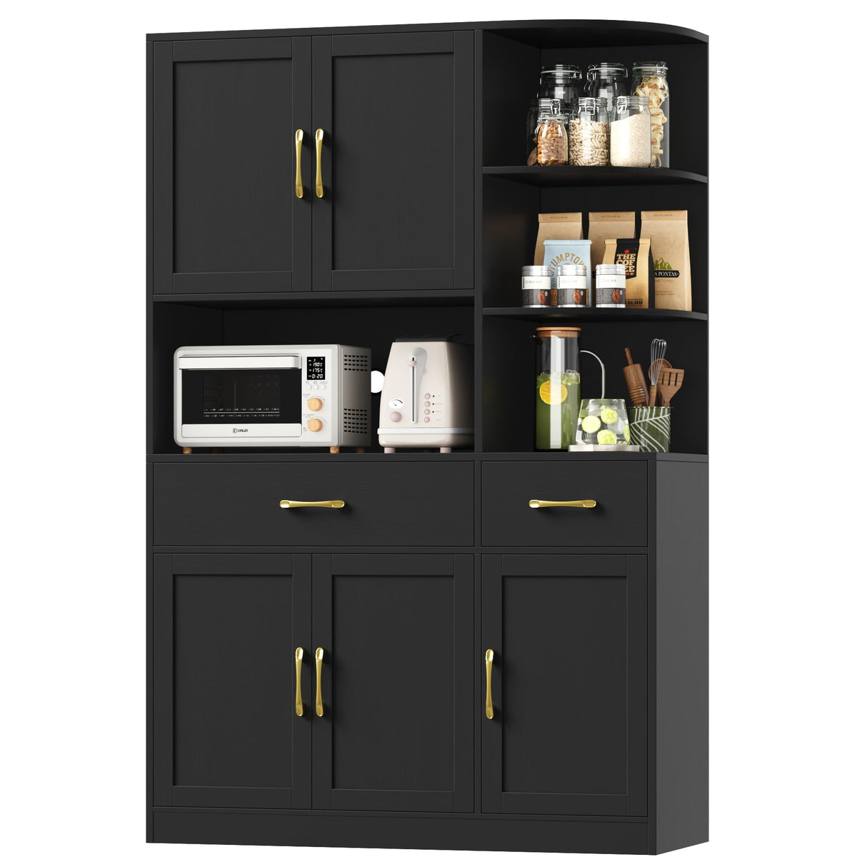 BOTLOG 67" Kitchen Pantry Cabinet, Modern Kitchen Hutch with 5 Doors and 2 Drawers, 3-Tier External Shelf, Large Pantry Storage Cabinet with Microwave Stand for Dining Room, Black BOTLOG