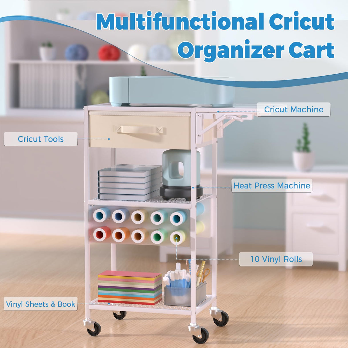 Craft Cart and Organizer Table Compatible with Craft Cutting Machine - Rolling Storage Organizer with Drawer & Vinyl Roll Holder, Crafting Table Workstation Holder for Craft Room Home Office (White) Jolensoy