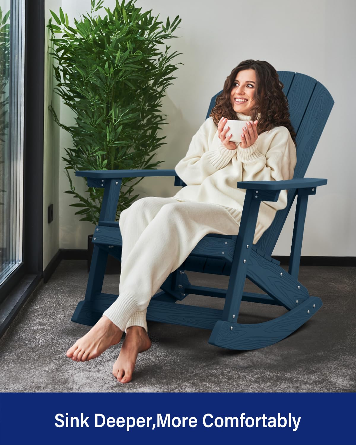 YEFU Outdoor Rocking Chair,Adirondack Rocking Chair,Patio Rocker Chair with Wide Back,Oversized Rocker Chair Look Like Real Wood, for Lawn, Porch, Backyard, Indoor and Garden(Navy Blue) YEFU