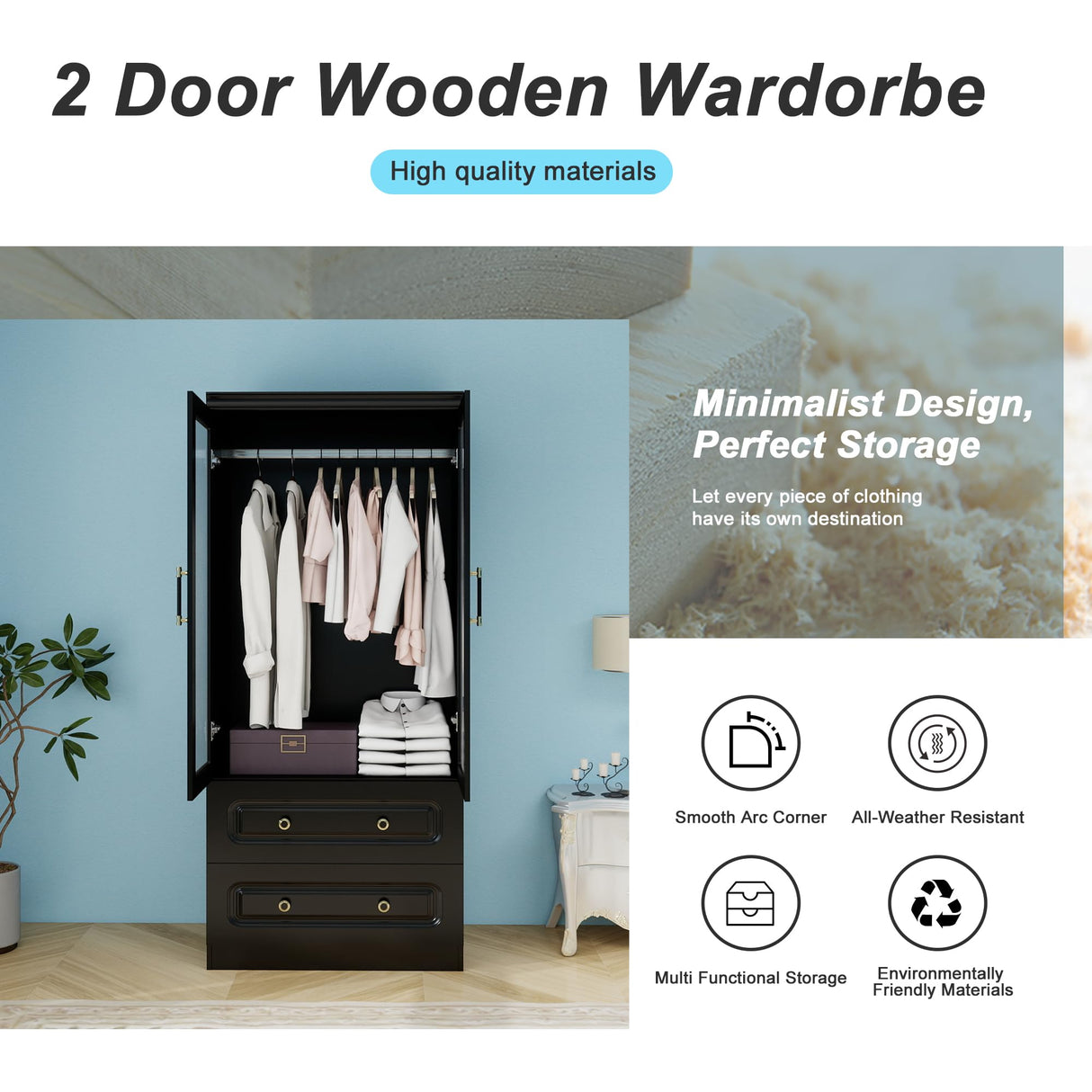 Keloyid Modern 2 Door Armoire Wardrobe Closet with Glass Door, 2 Drawers, Hanging Rod & Shelves, Black, 20.47 x 31.49 x 70.86 inches, Bedroom Keloyid