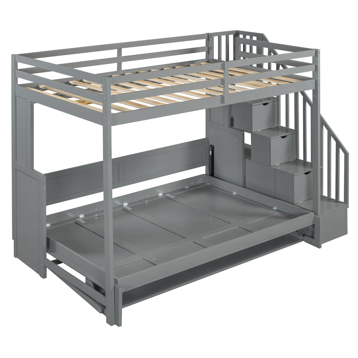 Merax Modern Farmhouse Solid Wood Loft Bed with Murphy Bed Cabinet w/Hydraulic Lift Full Over Full, Wall Bunk Bed with Storage Staircase, Shleves & Desk/Space Saving/Wood Slat Support/Gray Merax