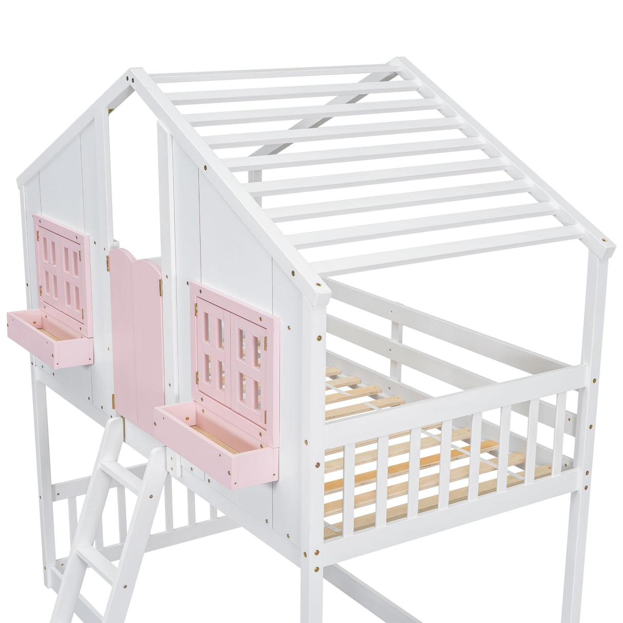 Bellemave Twin Over Twin House Bunk Bed, Wood Bunk Beds with Roof, Windows, Window Box and Small Door, Floor Bunk Beds with Ladder and Guard Rails for Kids (Pink+White) Bellemave