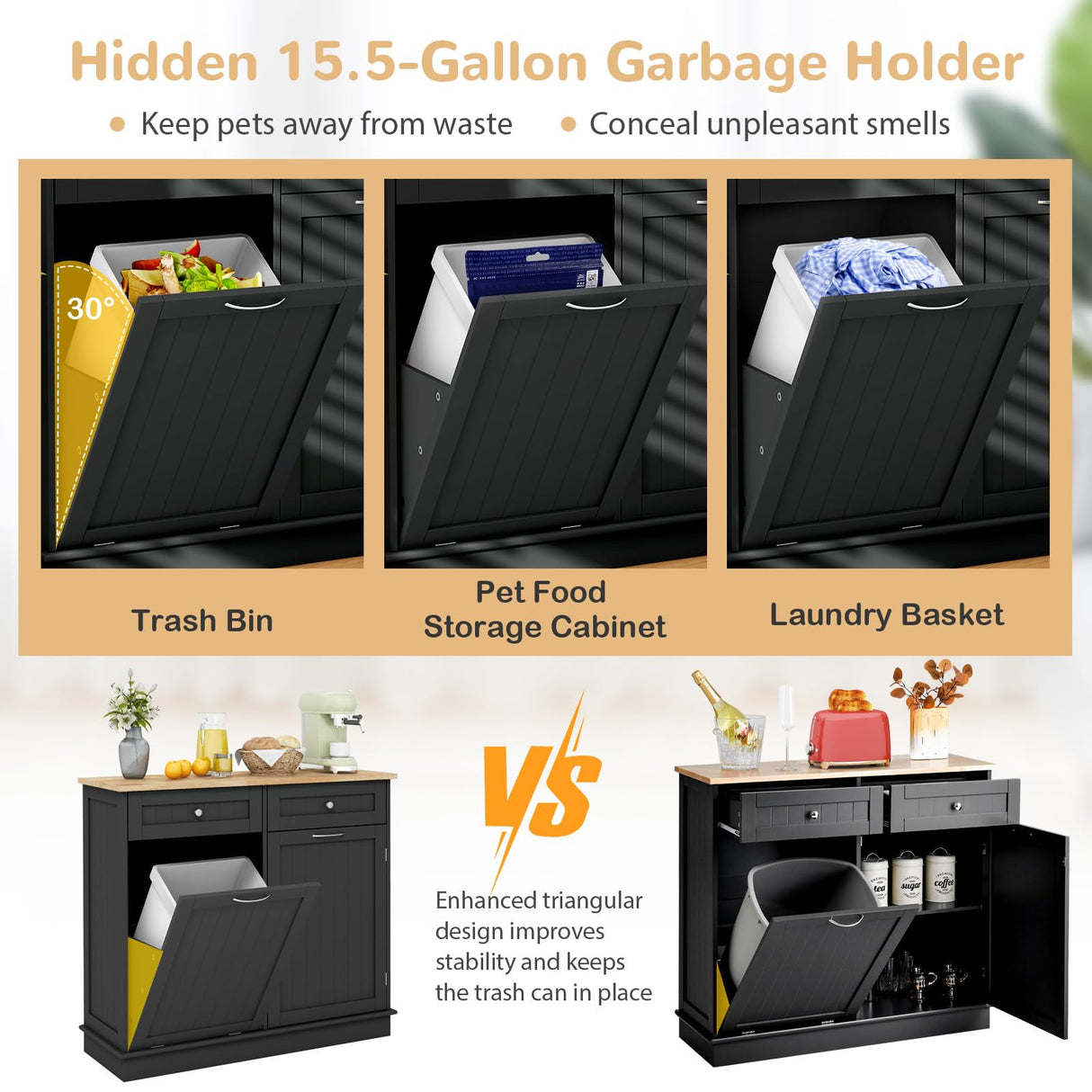 Giantex Kitchen Trash Cabinet, Kitchen Island with Tilt Out 15.5 Gallon Garbage Bin, Rubber Wood Countertop, Large Cabinet, 2 Drawers, Adjustable Shelf, Recycling Can Holder Organizer (Black) Giantex