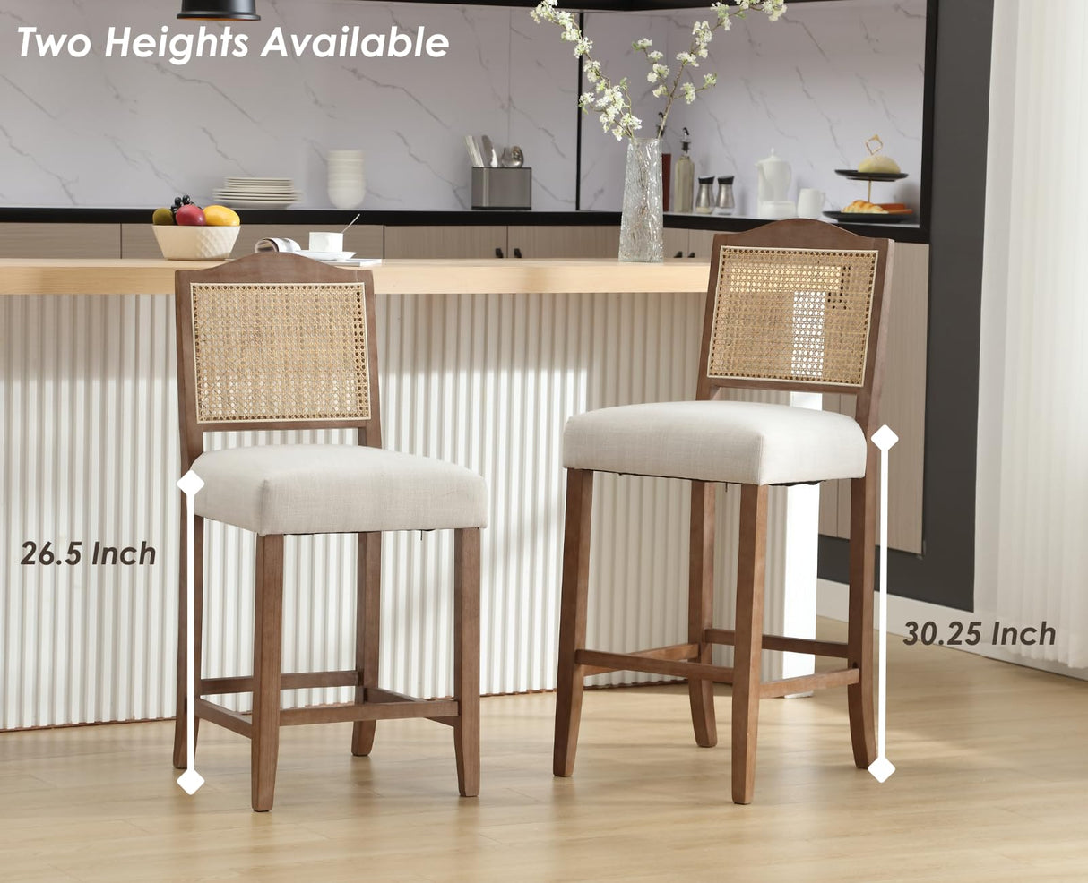 CIMOTA Counter Height Bar Stools Set of 4 Rattan Farmhouse Barstools Mid Century Modern Bar Chairs Upholstered Kitchen Stools with Wood Legs for Island/Dining Room, Linen Beige 26.5In CIMOTA