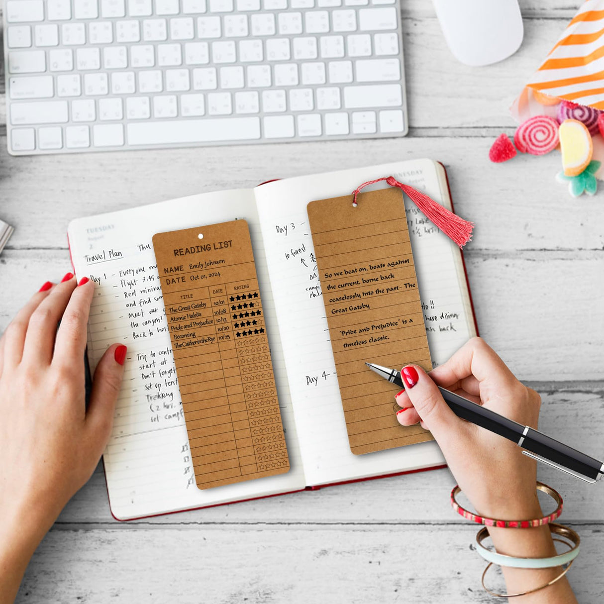 50 Pieces Reading List Bookmark with Tassels, 3 x 8 Inch Personal Libraries Cards 50 Pieces Tassels,Tracker Bookmarks Bookshelf Design Library Card Bookmark Reading Log Bookmark (Brown) KaloTidy