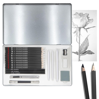 Wonwood_direct Professional Drawing Set Sketch Pencils Kit, 23 Pack Drawing Pencil, Charcoal, Graphite Pencils for Artists Beginner, Ideal for Sketching, Shading