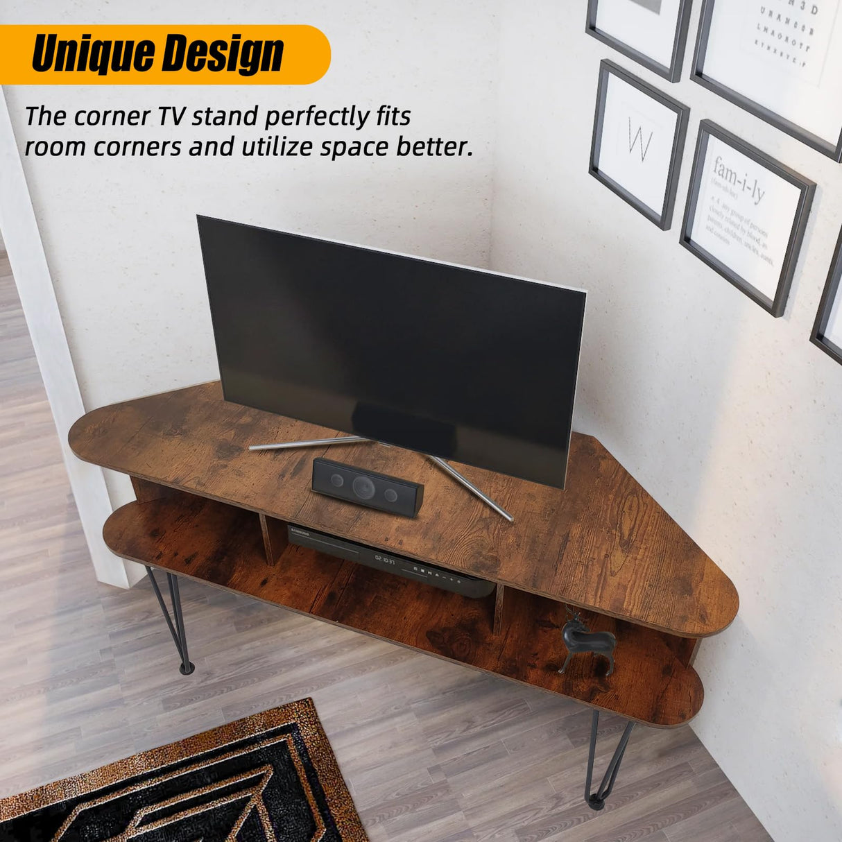 Corner TV Stand for 55 inch TV, Corner TV Stand for Living Room, Industrial TV Stand with Storage, Corner Entertainment Center with High Metal Feet and Anti-Slip Pads, 45 Inch, Rustic Brown Ciao Stilista