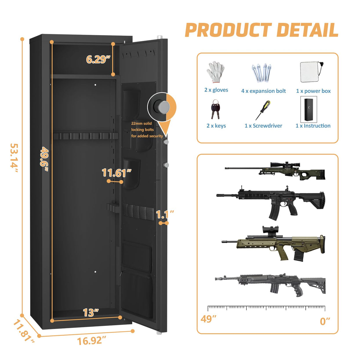 PLENTORA Gun Safe for Rifles and Pistols, 12-15 Large Biometric Gun Cabinet with Fingerprint & Digital Keypad, Adjustable Racks and Door Organizer, Black PLENTORA