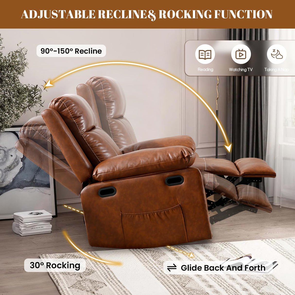 SLEERWAY Recliner Chair with Massage and Heat, Modern Swivel Reclining Chair with Remote Control and Side Pocket, Adjustable Glider Rocker Recliner Chair for Living Room, Bedroom, Lounge, Brown SLEERWAY