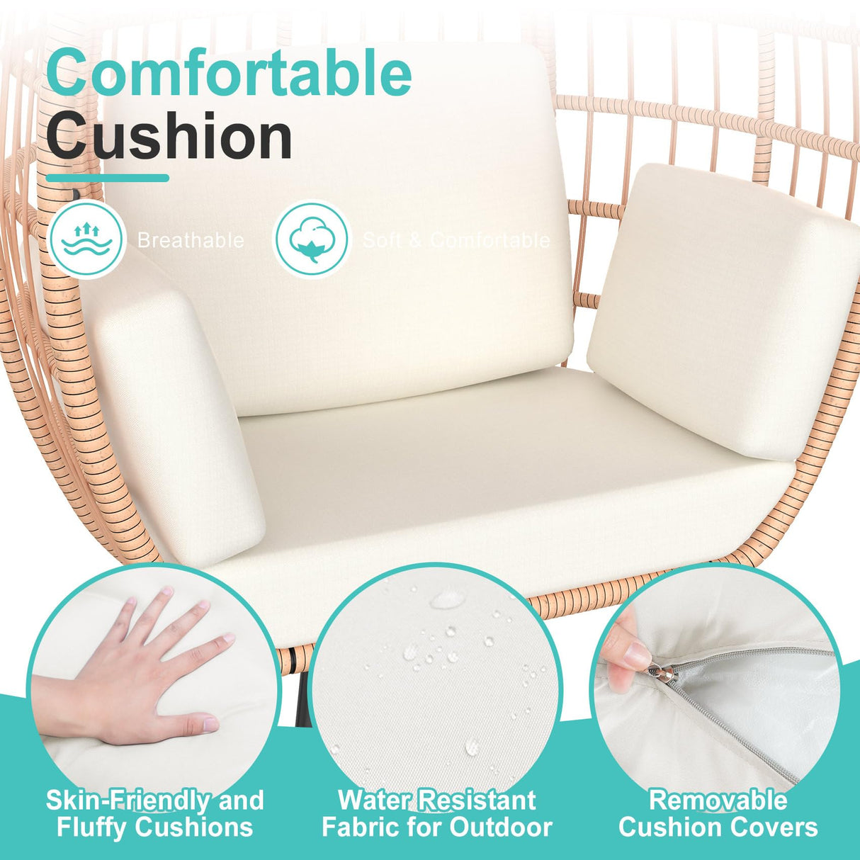 ZENPETIO Wicker Egg Chair, Oversized Indoor Outdoor Lounger with 4 UV Resistant Cushions, Storage Bag, All-Weather Wicker Egg Lounger Chair for Patio, Backyard, Living Room, 370lbs Capacity - White ZENPETIO