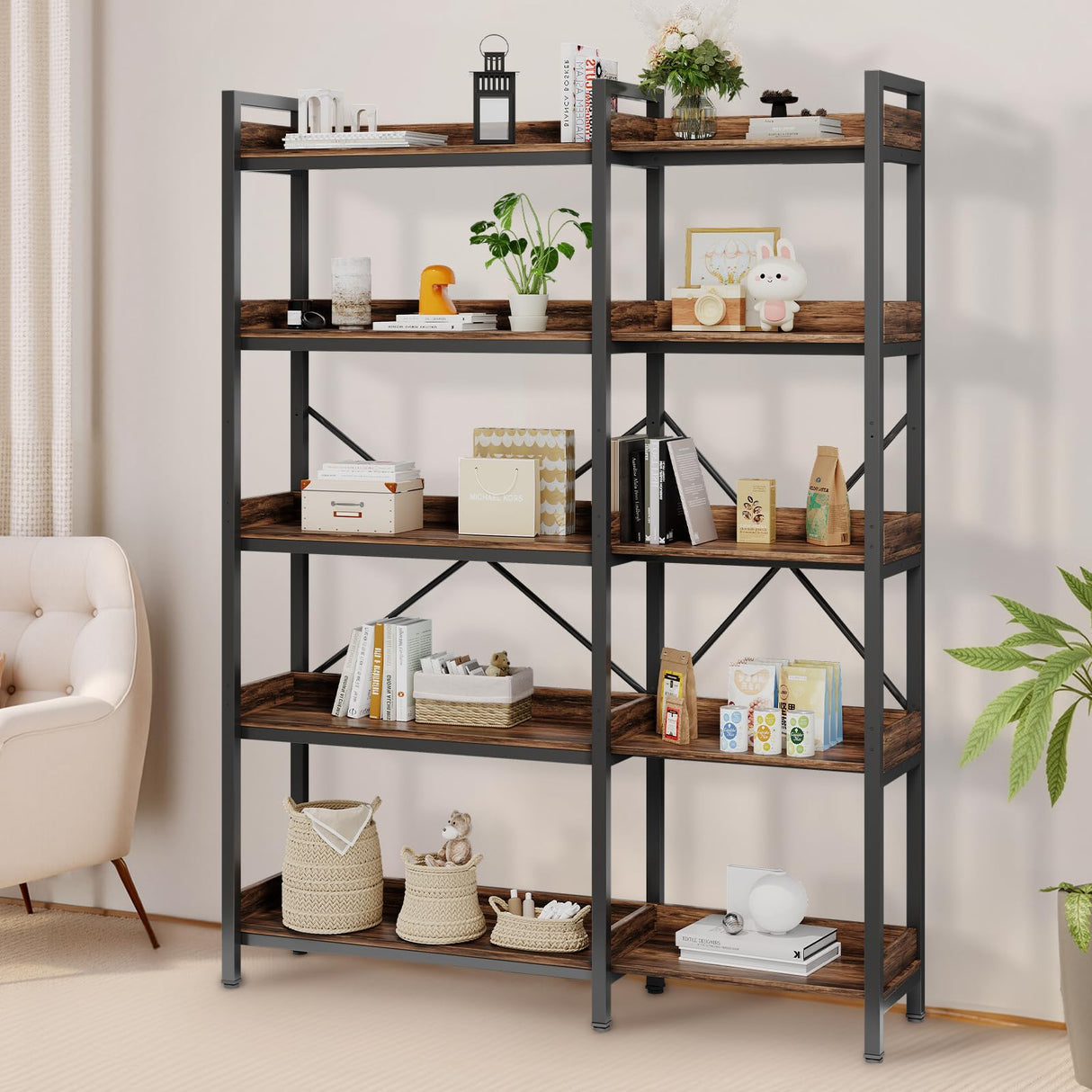 GRUSIGN 5-Tier Corner Bookshelf - Modern Tall Corner Bookcase with Sturdy Metal Frame, Large Storage L Shaped Bookshelf for Living Room/Home Office/Bedroom, Space-Saving Design, Rustic Brown GRUSIGN