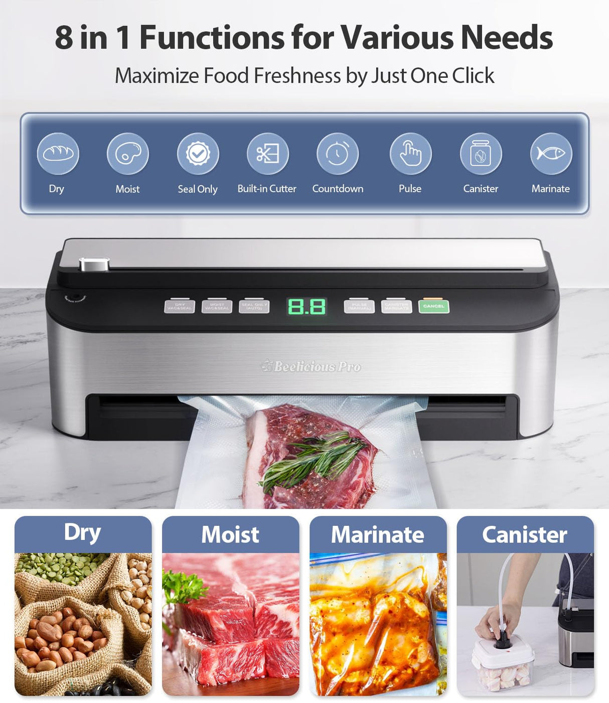 Vacuum Sealer Machine, Beelicious 85KPA Fully Automatic 8-IN-1 Food Sealer with Bags Storage, Build-in Cutter, Moist Mode and Air Suction Hose | Digital Countdown | Sous Vide Beelicious Pro