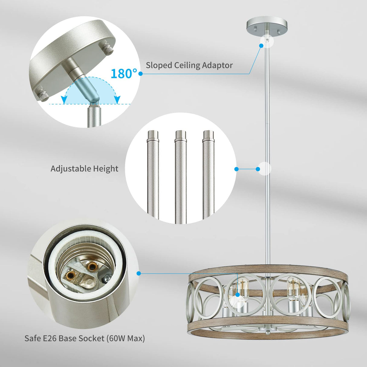 XINGQI 21.7'' Modern Farmhouse Chandelier, Drum Ceiling Light Fixture for Living Dining Room Over Table, 5 Lights Antique Wood Grain Brushed Nickel with Round Metal XINGQI