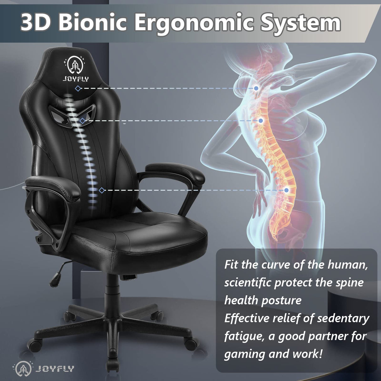 JOYFLY Computer Chair Office Chair, Gaming Chairs for Adults, Ergonomic Gamer Chair PC Chair with Black Leather Lumbar Support, 300Lbs (Black-Leather) JOYFLY