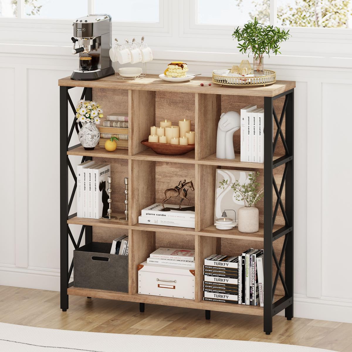 FATORRI 9 Cube Storage Bookshelf, Industrial 4 Shelf Book Shelf, Farmhouse Wood and Metal Cubby Bookcase for Home Office (39.37" W, Rustic Oak) FATORRI