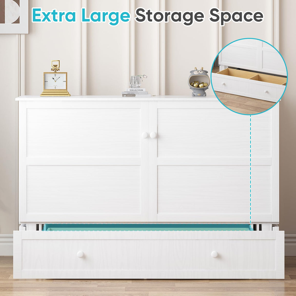 CECER Queen Size Solid Wood Murphy Bed with Memory Foam Mattress,Murphy Bed with Charging Station and Two Large Storage Drawers for Small Spaces/Bedroom/Guest Room(White) CECER