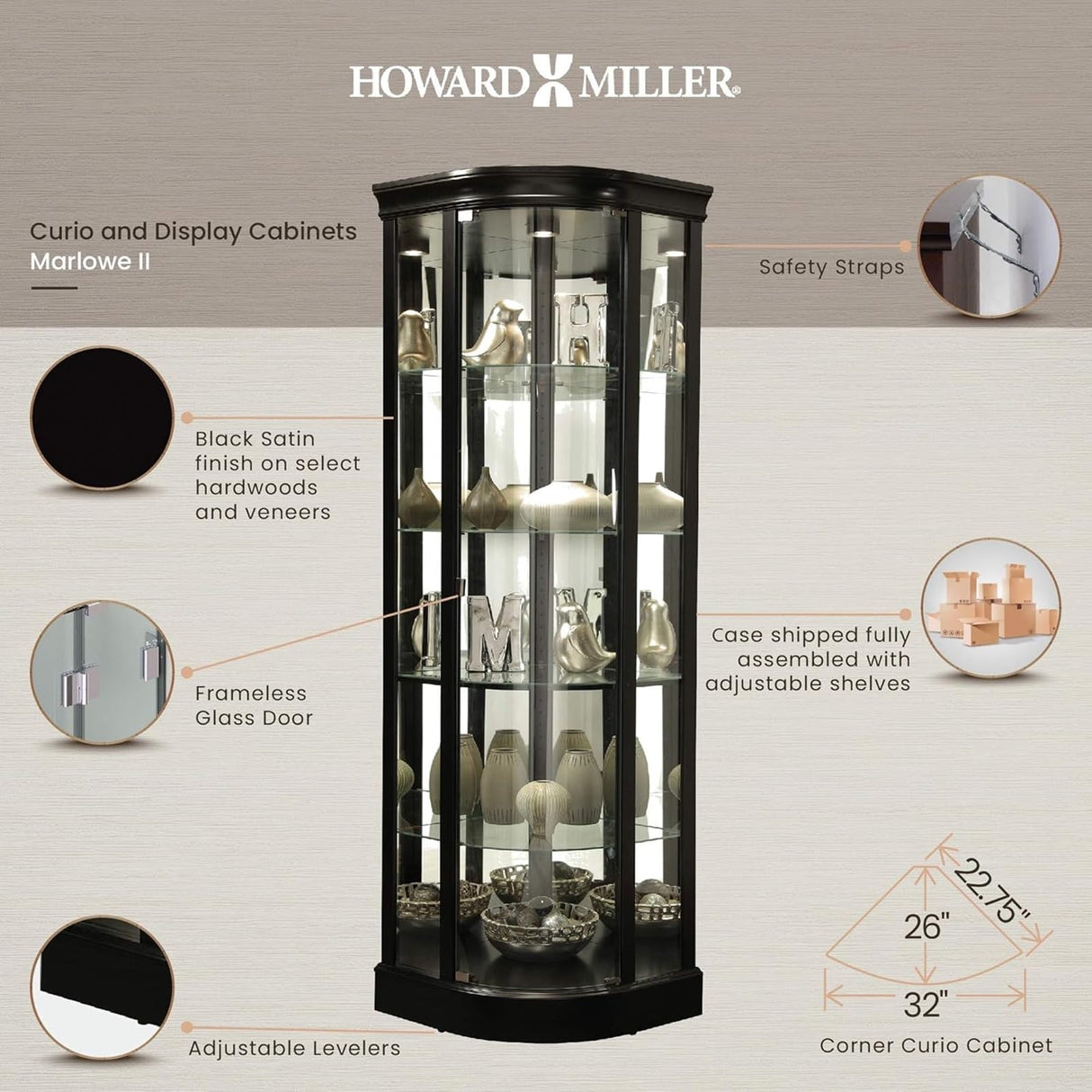 Howard Miller Marlowe II Corner Curio Cabinet, Long Heighted Showcase Black Finish Adjustable Shelves & Levelers, Illuminated Interior Lightning Perfect for Living Room Office and Room Decor Howard Miller