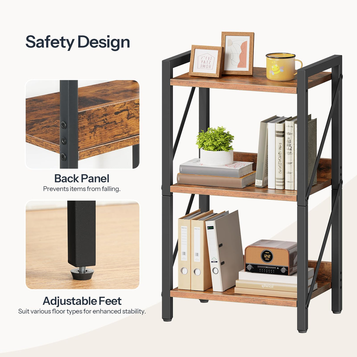 HOOBRO Bookshelf, 3-Tier Industrial Bookcase, Book Shelf Storage Organizer, Small Bookshelf with Metal Frame for Living Room, Bedroom, Home Office, Kitchen, Rustic Brown and Black BF71SJ01 HOOBRO