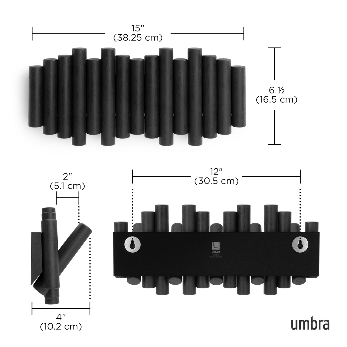 Umbra Picket Wall-Mounted Coat Rack Rail Hook with 5 Retractable Wood Pegs – Modern, Space-Saving Storage Organizer, Black Umbra